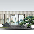 Modern Villa Entrance Garden Wall With Circular Archway Landscape Painting And Pine Tree