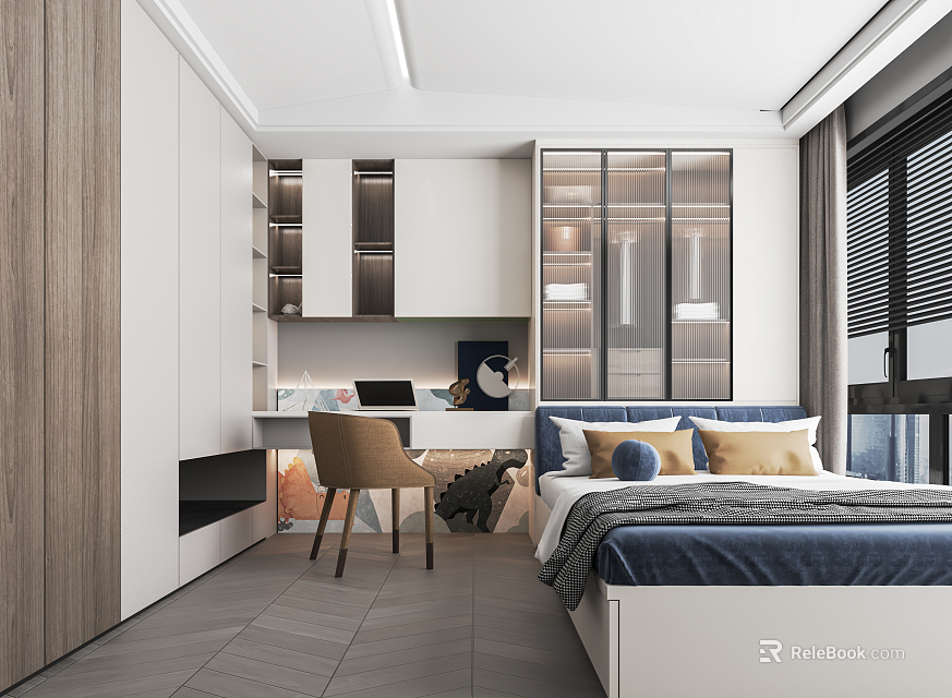 Modern Tatami Bedroom Interior With Blue Gray Bedding Pillows Desk Chair And Storage Cabinets 3d model 