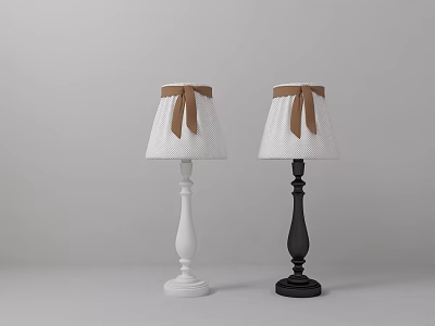 Stylish Table Lamps With White Lampshade And Brown Ribbon Bow In White And Black Base 3d model