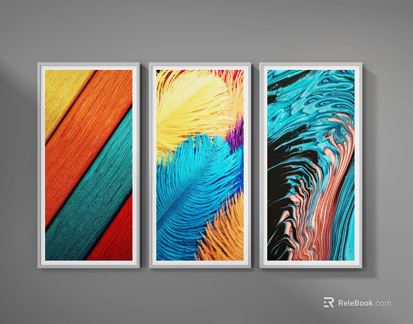 Colorful Feather Art Prints With White Frames For Modern Wall Decor 3d model