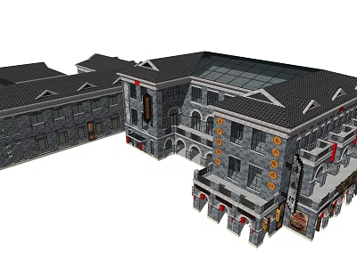 Multi Storey Traditional Commercial Complex With Gray Stone Arched Windows And Glass Skylight 3d model