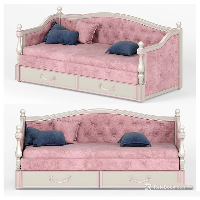 Elegant Pink Tufted Sofa With Blue Decorative Pillows And Storage Drawers 3d model