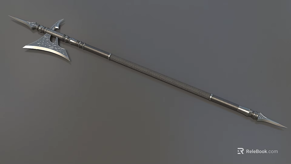 Medieval Metal Poleaxe Weapon With Sharp Axe Head And Textured Handle 3d model 