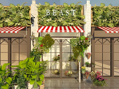 BEAST Storefront With Green Plant Walls Red And White Striped Awnings And Front Door Plants 3d model