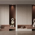 Modern Entryway Cabinet And Sideboard With Wooden Panels Light Doors Display Shelves Decorative Figurines Lighting