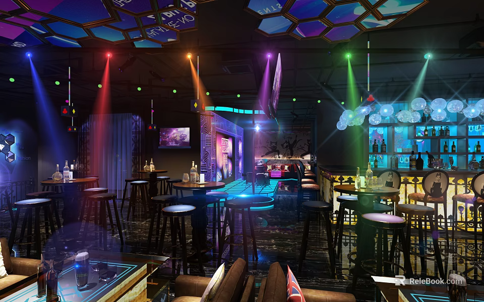 Contemporary Bar Interior Design With Colorful Lighting High Stools Bar Counter And Geometric Ceiling 3d model 
