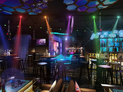 Contemporary Bar Interior Design With Colorful Lighting High Stools Bar Counter And Geometric Ceiling 3d model