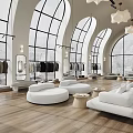 Bright Modern High End Clothing Store With Arched Windows Wood Flooring And Cozy Lounge Area