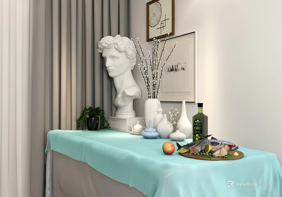 Dining Table With Turquoise Tablecloth White Sculpture Vase Olive Bottle Fruit Fish Green Plant Wall Paintings 3d model 