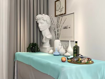 Dining Table With Turquoise Tablecloth White Sculpture Vase Olive Bottle Fruit Fish Green Plant Wall Paintings 3d model