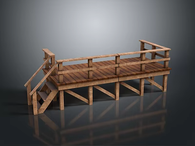 Brown Wooden Platform With Railing Staircase Support Beams And Steps 3d model