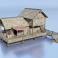Rural Self built House with Wooden Structure Staircase Canopy Platform on Stilts Over Water