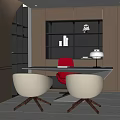 Modern Restaurant Interior With Wooden Walls Dark Shelves Dining Table Red And White Chairs