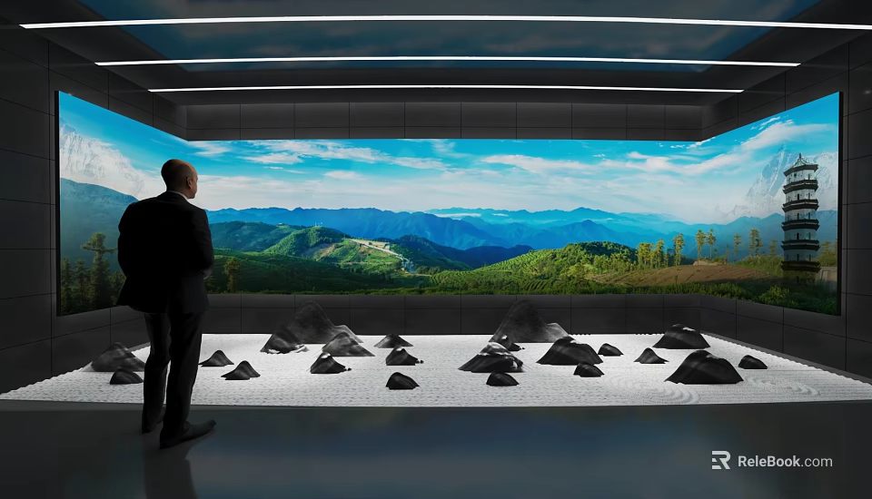 Man Observing Stone Arrangement With Green Mountain Screen In Modern Space 3d model 