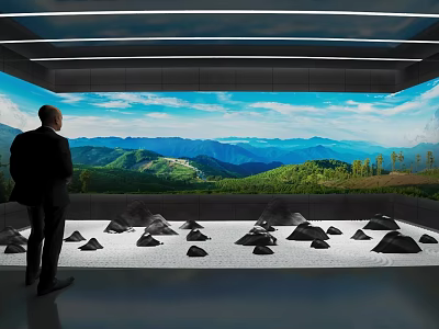 Man Observing Stone Arrangement With Green Mountain Screen In Modern Space 3d model