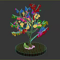 Cartoon Scene With Decorative Tree Brown Trunk Blue Decorated Branches Small Animal And Round Base