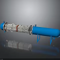 Blue Cylindrical Industrial Equipment With Silver Tubular Structure Red Rings And Blue Stands