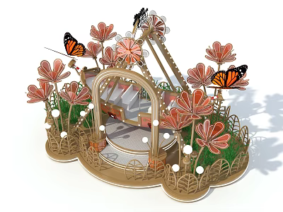 Colorful Playground Equipment with Pink Flowers Butterfly Decorations Wooden Structure and Circular Platform for Kids 3d model