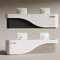 Modern Reception Desk Interior With Logo Sleek Curved Design And Layered Front Panel