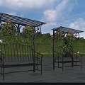 Outdoor Pergola With Bench And Hanging Purple Flowers Surrounded By Green Trees