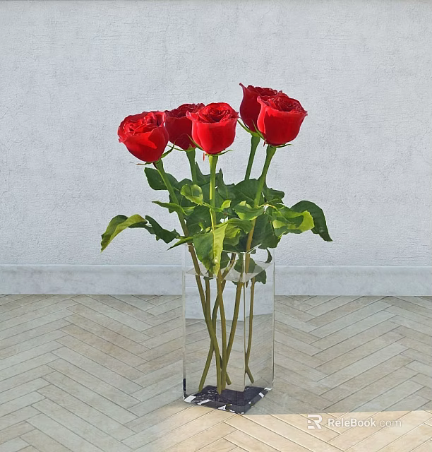 Red Roses Arrangement in Clear Glass Vase on Herringbone Wooden Floor with Light Wall 3d model 