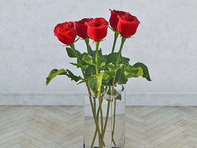 Red Roses Arrangement in Clear Glass Vase on Herringbone Wooden Floor with Light Wall 3d model