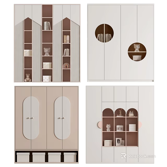 Modern Minimalist Wardrobe Design With Round Openings Double Doors Mirror Panels And Storage Shelves 3d model 