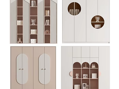 Modern Minimalist Wardrobe Design With Round Openings Double Doors Mirror Panels And Storage Shelves 3d model