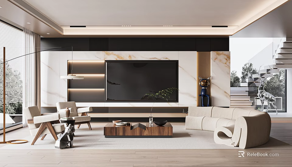 Modern Living Room With Beige Sofa Wooden Coffee Table Marble TV Wall And Recessed Lighting 3d model 