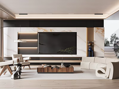 Modern Living Room With Beige Sofa Wooden Coffee Table Marble TV Wall And Recessed Lighting 3d model