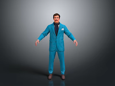 Man in Blue Suit Standing with Arms Outstretched Against Grey Background 3d model