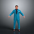 Man in Blue Suit Standing with Arms Outstretched Against Grey Background