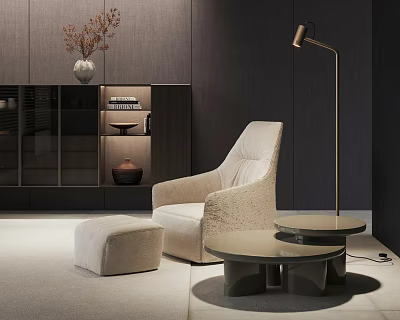 Elegant Modern Armchair With Beige Ottoman Round Side Tables Dark Cabinets And Floor Lamp 3d model