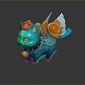 Vibrant Blue Decorative Cat Figurine With Golden Wings Ornate Patterns And Bell Accents