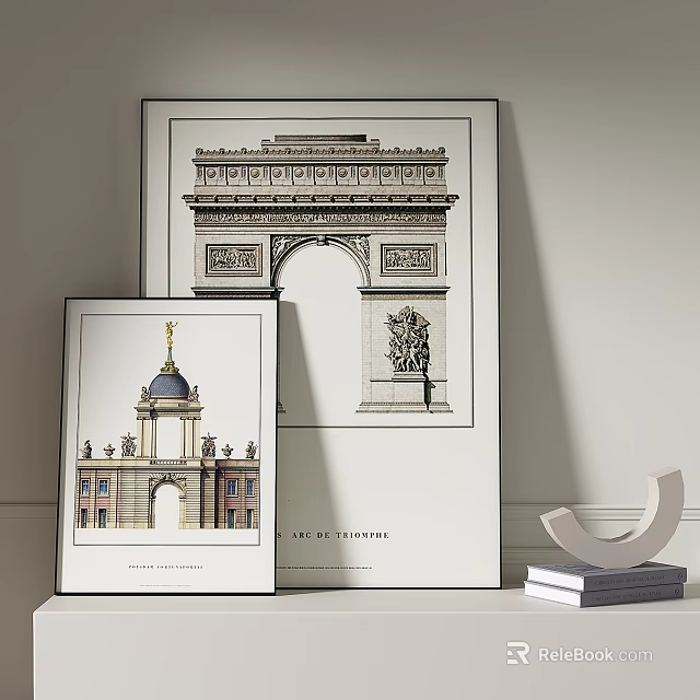 Framed Architectural Prints of Arc de Triomphe and Dome Building with Books and Decor 3d model 