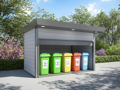 Waste Sorting Shelter With Colorful Recycling Bins In Outdoor Landscaped Area 3d model