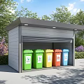 Waste Sorting Shelter With Colorful Recycling Bins In Outdoor Landscaped Area