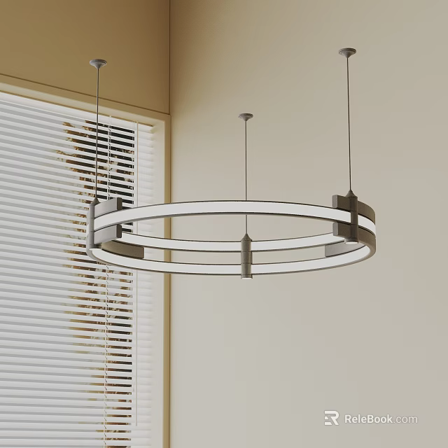 Modern Circular Ring Chandelier With Metal Frame And LED Lights In Interior With Window Blinds 3d model 