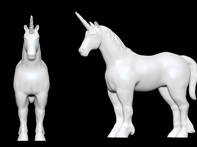 Two Detailed White Unicorn Sculptures Standing Against Black Background 3d model