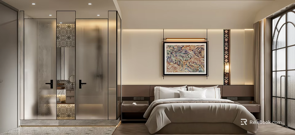 Modern Elegant Hotel Guest Room With Comfortable Bed Nightstand And Wall Artwork Glass Partition 3d model 