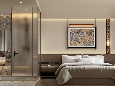 Modern Elegant Hotel Guest Room With Comfortable Bed Nightstand And Wall Artwork Glass Partition 3d model