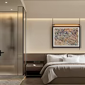 Modern Elegant Hotel Guest Room With Comfortable Bed Nightstand And Wall Artwork Glass Partition