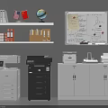 Organized Office Workspace With Shelves Globe Whiteboard Printers And Cabinets 3d model