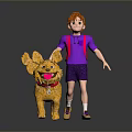 Smiling Boy In Purple Outfit Standing With Yellow Dog Creature Character