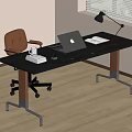Modern Work Desk With MacBook Desk Lamp Cup Brown Leather Chair Wooden Floor Window Blinds