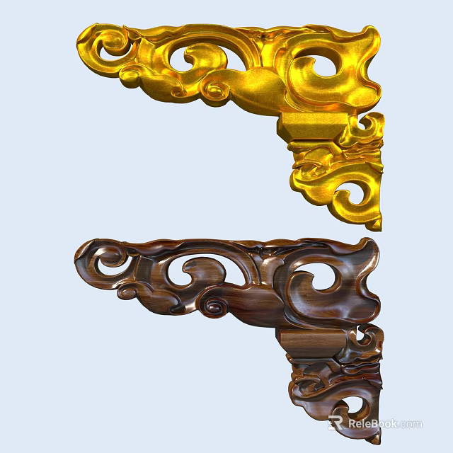 Elegant Carved Corner Ornaments With Golden And Dark Brown Intricate Patterns 3d model 