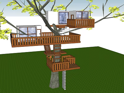 Wooden Tree House Structure With Multiple Platforms Stairs Rooms Surrounded By Green Grass And Leaves 3d model