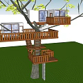 Wooden Tree House Structure With Multiple Platforms Stairs Rooms Surrounded By Green Grass And Leaves