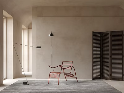 Red Leisure Chair on Gray Carpet with Beige Wall Floor Lamp Louvered Door Natural Light 3d model
