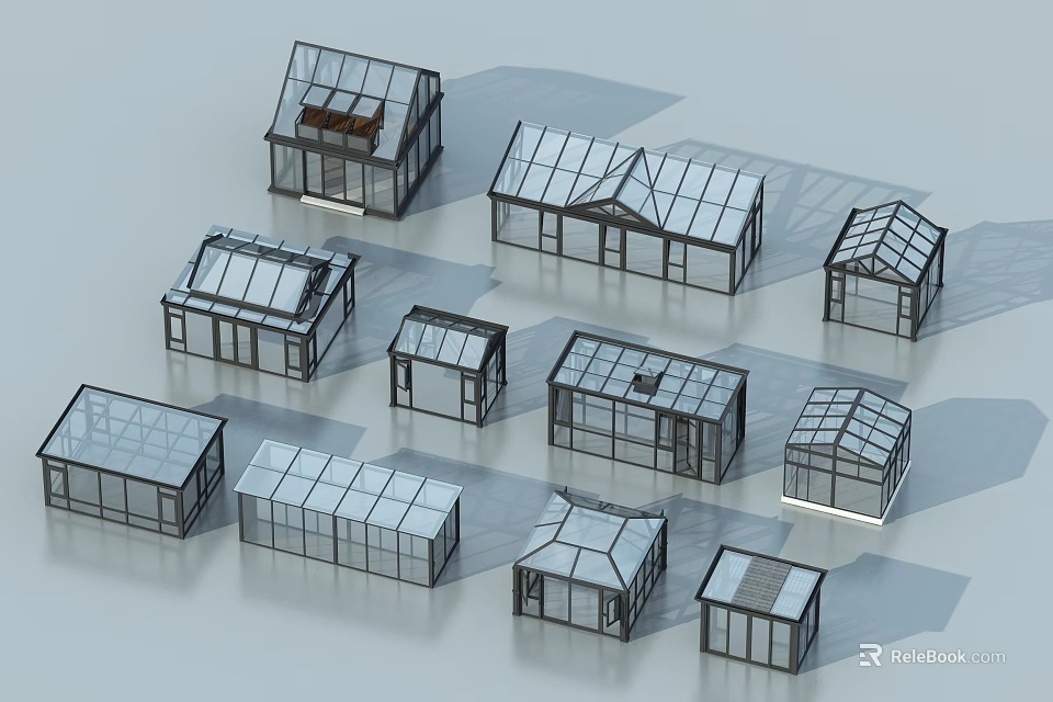 Glass House Models With Various Shapes Sizes Sloped Roofs And Transparent Structures 3d model 